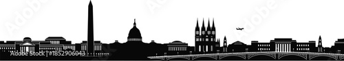 Washington DC City Skyline Silhouette with Iconic Landmarks, United States Capitol, Washington Monument, National Cathedral, and Arlington Memorial Bridge Background.