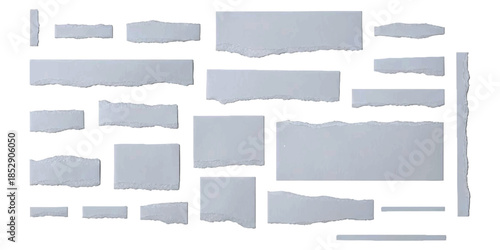 Collection of various torn paper pieces with rough edges isolated on a white background