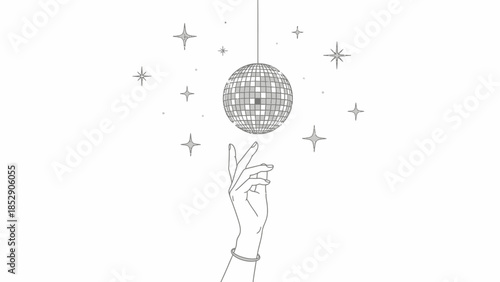 Hand reaching for a glittering disco ball surrounded by sparkling stars, symbolizing celebration and nightlife