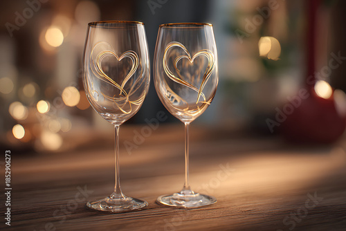 Two elegant wine glasses adorned with heart designs sit on a romantic table, inviting love and celebration on Valentineâs Day.