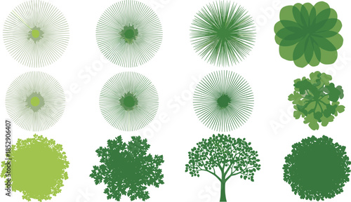 Top view trees and bushes vector set for landscape architecture garden planning urban design isolated on white background