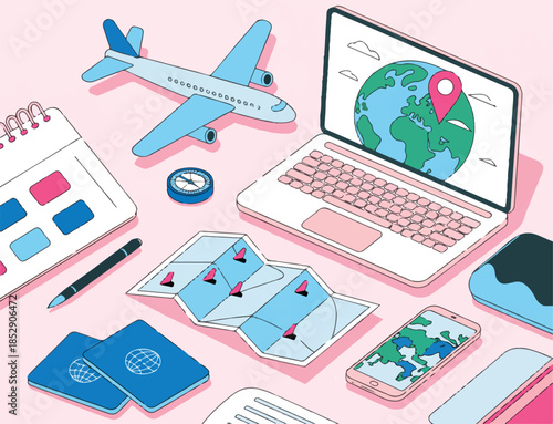 travel planning flat lay with passport map laptop airplane compass