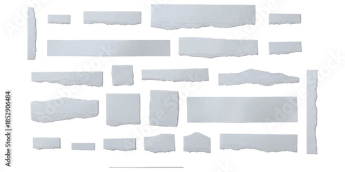 Collection of various pieces of torn white paper arranged neatly on a solid white background