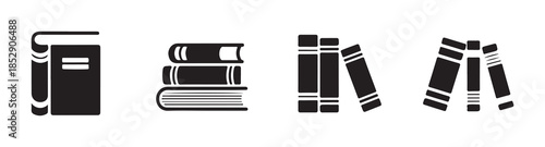 Set of book icons including single closed book, stack of horizontal books, and standing vertical books