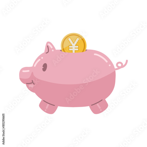 エンマークが書かれたコインと、かわいい豚の貯金箱のイラスト