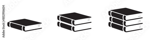 Set of black and white book icons in various configurations representing education, learning, and literature