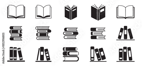 Comprehensive collection of black and white book icons, displaying open, closed, and stacked book formations