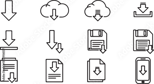 Minimalist Download Icon Vector with Down Arrow and Line Outline