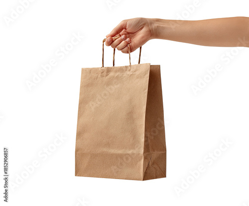 A hand holding a simple brown paper bag with twine handles against a black backdrop