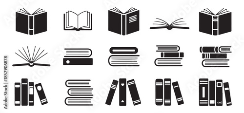 Set of black and white book icons showcasing various open and closed books, stacked books, and book collections