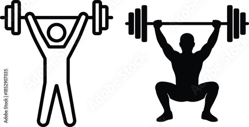 Two weightlifting icons illustrating different exercises like overhead press and squat