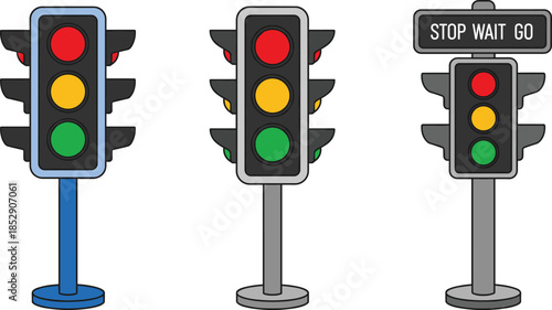 Set of traffic light vector icons with red yellow green signals stop wait go signage road safety transport urban street navigation graphics