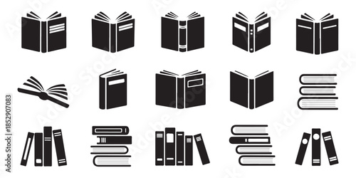 Variety of black and white book icons including open, closed, and stacked books for literary and educational themes