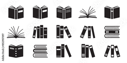 Assortment of black book icons featuring open books, organized book piles, and single book designs