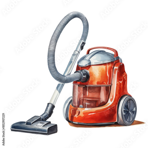 Watercolor Png illustration of a modern red vacuum cleaner with hose and floor nozzle, isolated on a clean background, detailed hand-painted style with soft shadows
