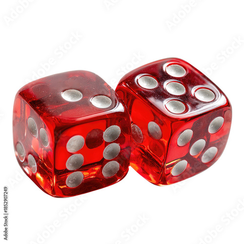 Two translucent red dice with white dots, one angled toward the other, isolated on black