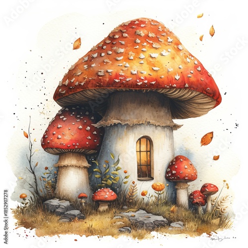 Watercolor illustration of a fairytale mushroom house with red spotted caps, small glowing window, autumn leaves and grass. Whimsical fantasy cottage in a magical forest mood