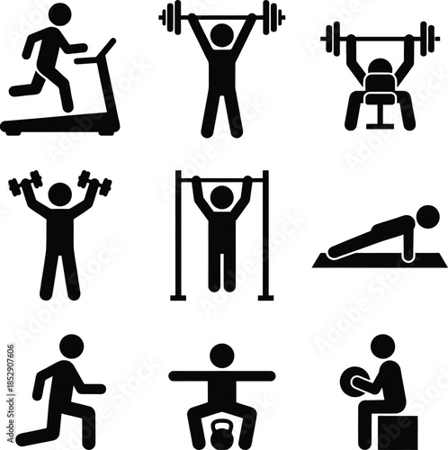 A set of nine fitness icons showing various gym exercises like running, lifting, and squats