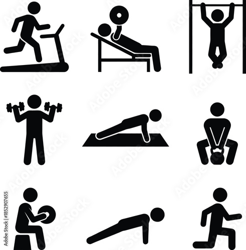 A comprehensive collection of nine fitness and gym workout icons illustrating various physical exercises