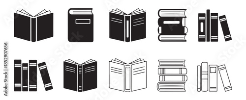 Collection of black and white book icons, illustrating concepts of literature, learning, and academic study