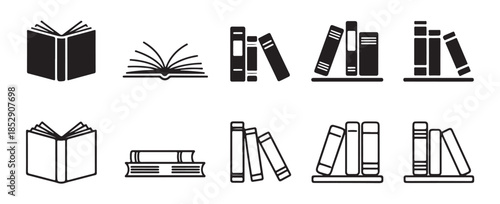 Variety of book icons in black and white, representing concepts of reading, education, and knowledge acquisition