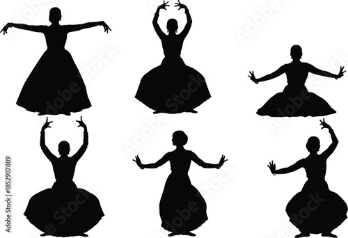 Classical dance silhouette collection featuring elegant female dancer poses, traditional performance movements, expressive hand gestures, and graceful cultural choreography isolated on white backgro