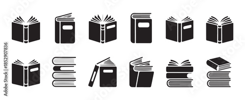 Diverse set of black and white book icons, symbolizing literacy, academic pursuits, and lifelong learning