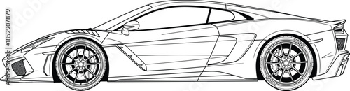 Detailed supercar line art illustration showing modern sports car side profile, precision automotive design, luxury performance vehicle blueprint style drawing