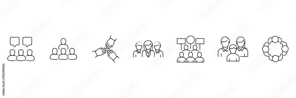 Fototapeta premium Family teamwork icon set, people communication dialogue, community leadership hierarchy, helping hands collaboration, group protest crowd, diverse friends unity circle illustration.