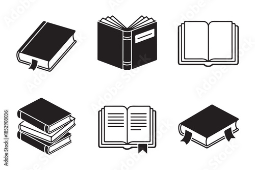Set of book icons with bookmark, opened and closed book, book stack in flat style isolated on white background