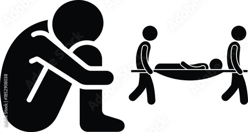 A person in despair watches as a stretcher carrying a body is taken away, symbolizing deep loss