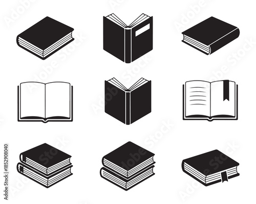 Set of book icons, opened and closed book, book stack in isometric style isolated on white background, vector design