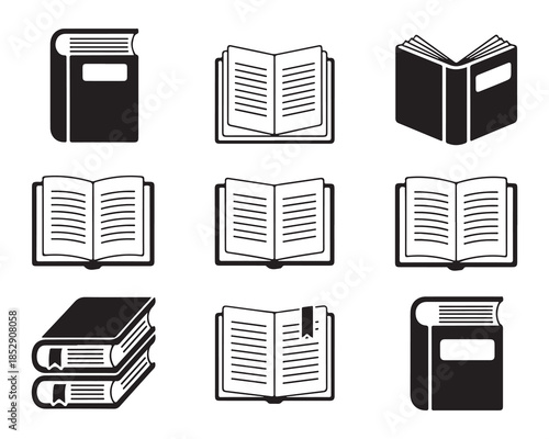 Book icons set simple black and white vector graphics various styles of closed and open books with text
