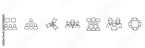 Family teamwork icon set, people communication dialogue, community leadership hierarchy, helping hands collaboration, group protest crowd, diverse friends unity circle illustration.