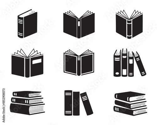 Book icons set black and white vector illustrations of various open and closed books and book stacks