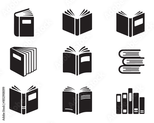 Book icons set simple black and white vector graphics various styles of open and closed books and stacks