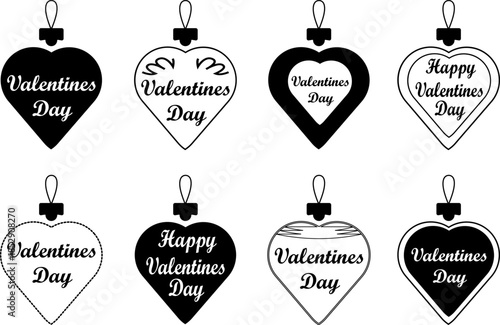 A set of eight different black and white heart-shaped valentines day ornaments
