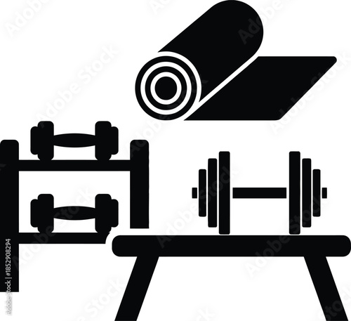 Gym equipment icons set including dumbbell rack, exercise mat, and weight bench with barbell
