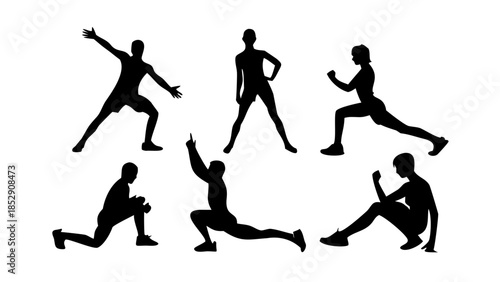 Black silhouettes of people performing various fitness exercises and poses workout .vector icon 