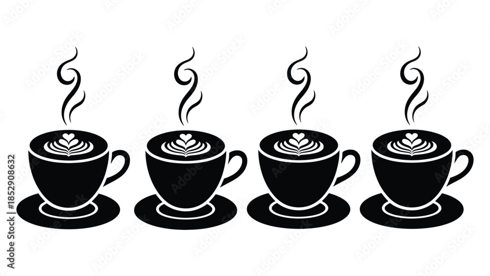 Obraz premium Four steaming cups of coffee with latte art are lined up.