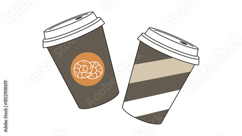Two disposable coffee cups with lids are shown against a white background.