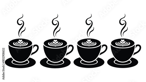 Four steaming cups of coffee with latte art are lined up.