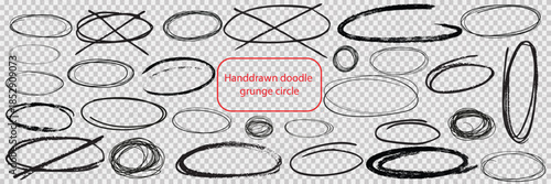 Hand-drawn doodle grunge circle highlights with charcoal pen round ovals. Marker scratch scribble effects and scrawled circular frames. Freehand painted circular note, vector illustration.