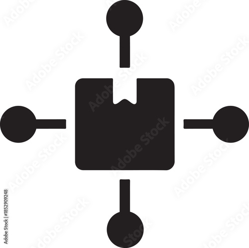 Hub-and-spoke nodes with central box, logistics network connection icon silhouette, vector EPS