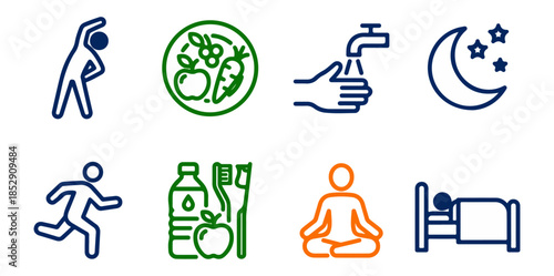 Healthy lifestyle icons set exercise food water sleep running meditation