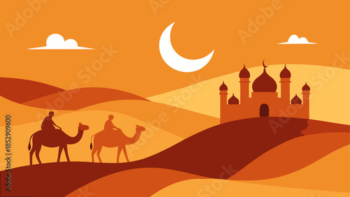 Desert oasis with mosque and travelers at sunset