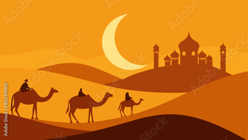 Desert oasis with mosque and travelers at sunset