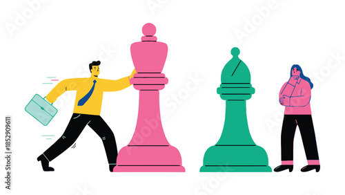 Man moves chess piece near woman and another chess piece.