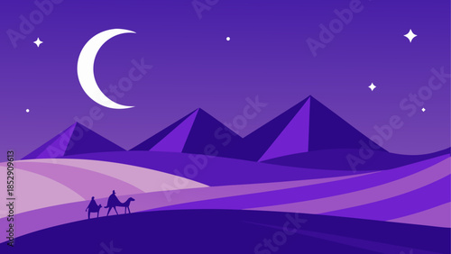 Desert oasis with mosque and travelers at sunset