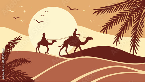 Desert oasis with mosque and travelers at sunset